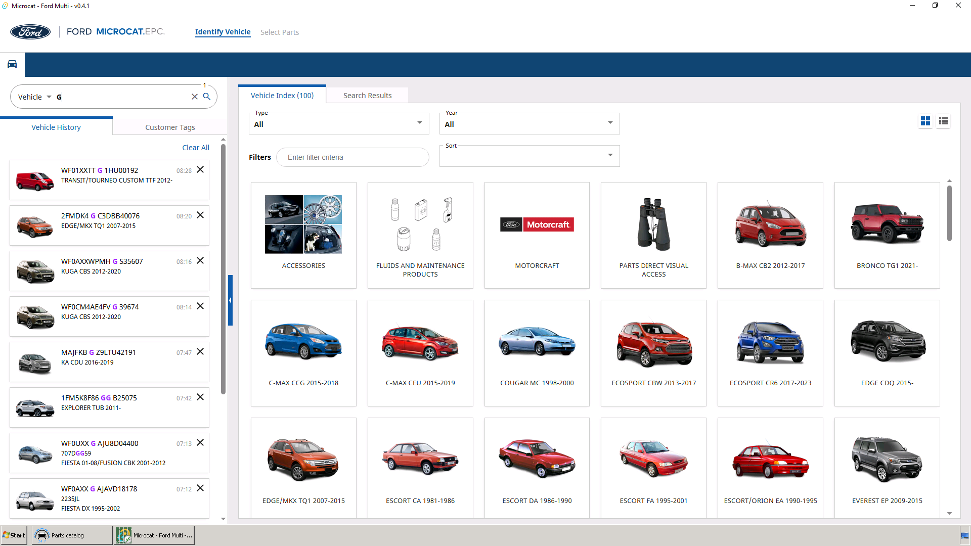 Ford Microcat katalog ekranı